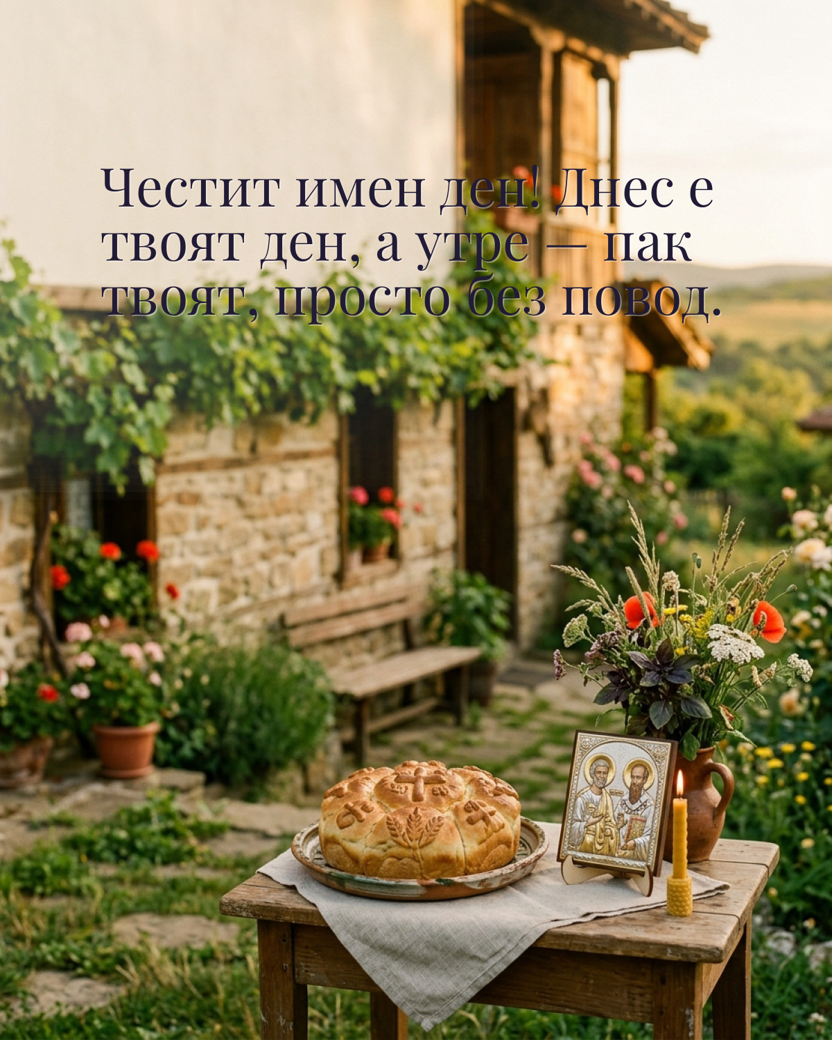 Картичка за Петровден с пожелание „Честит имен ден! Днес е твоят ден, а утре — пак твоят, просто без повод“