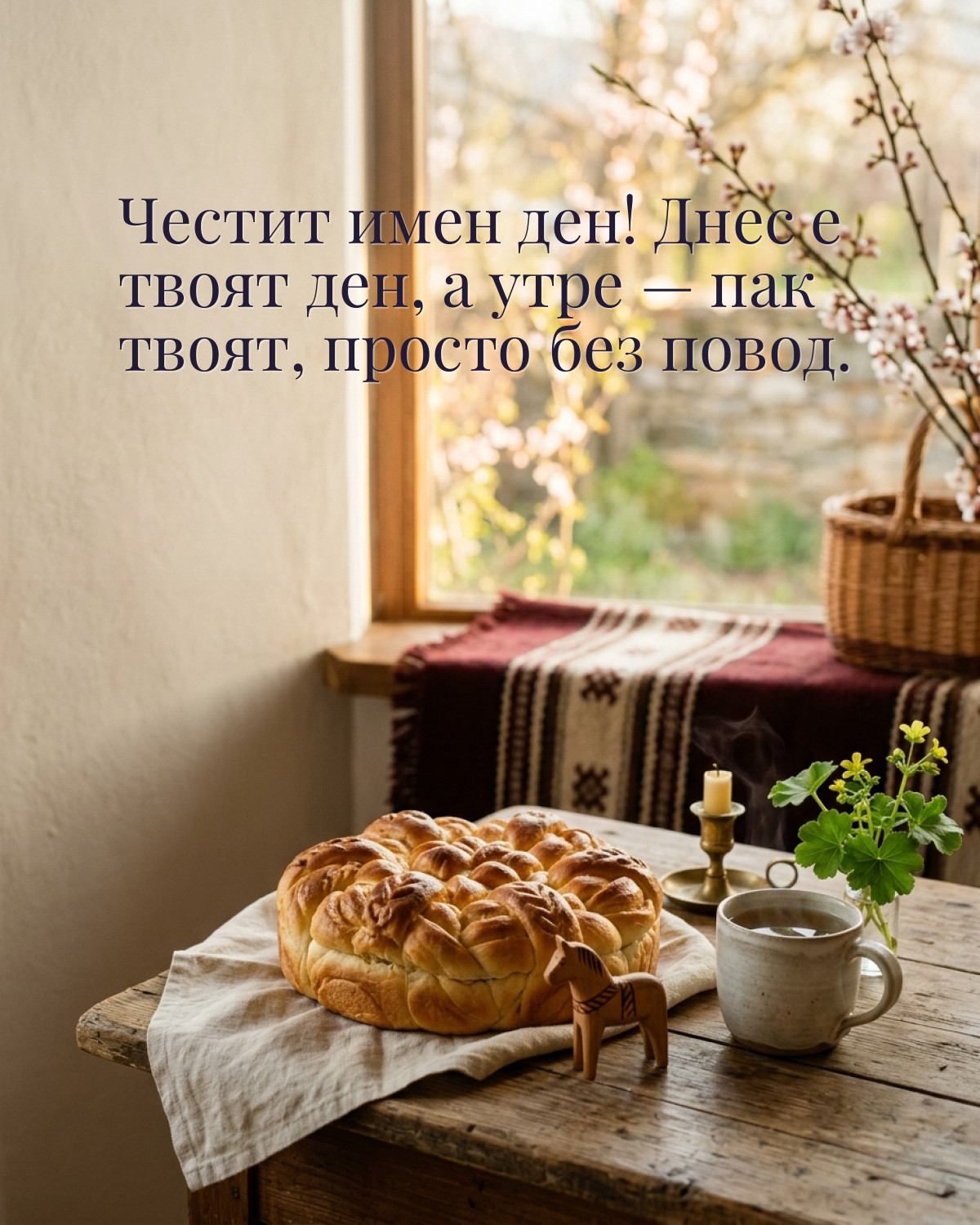 Картичка за Тодоровден с пожелание „Честит имен ден! Днес е твоят ден, а утре — пак твоят, просто без повод“