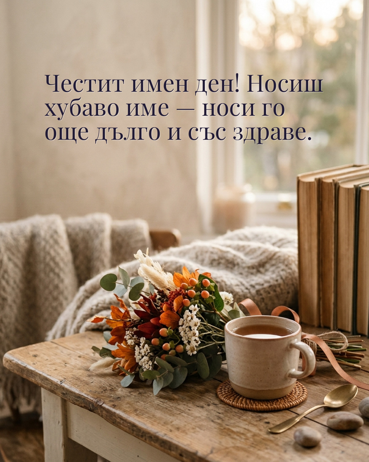 Картичка за имен ден с пожелание „Честит имен ден! Носиш хубаво име — носи го още дълго и със здраве“