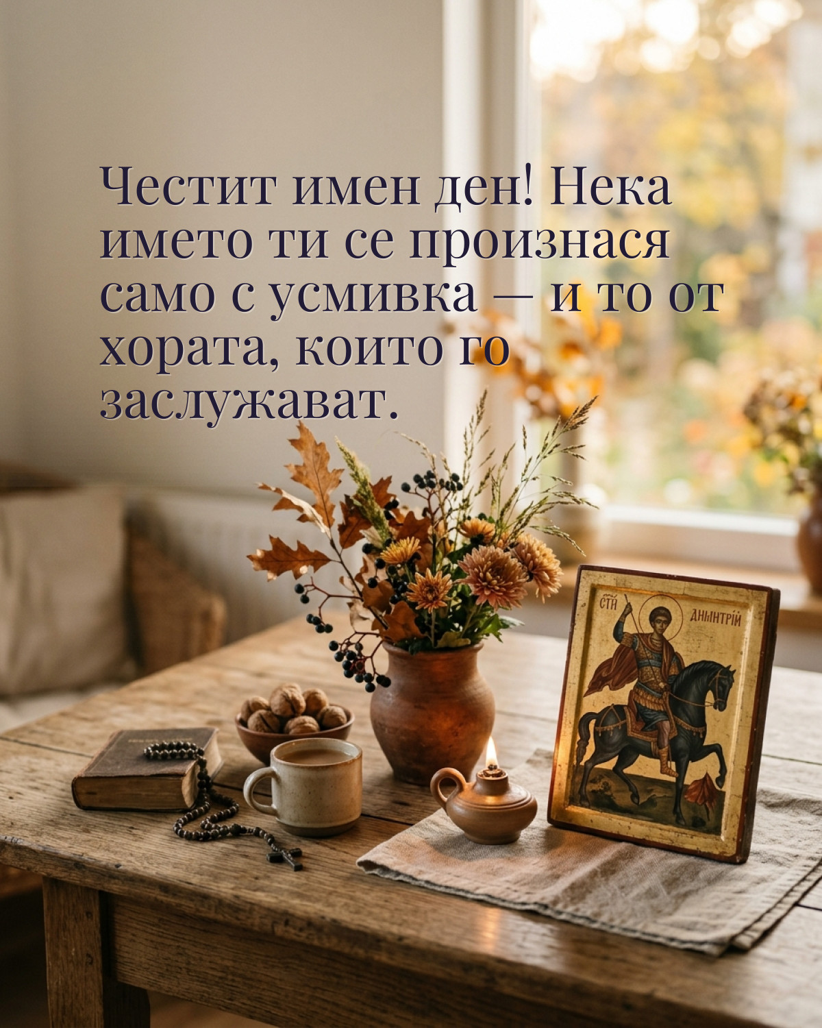 Картичка за Димитровден с пожелание „Честит имен ден! Нека името ти се произнася само с усмивка — и то от хората, които го заслужават“