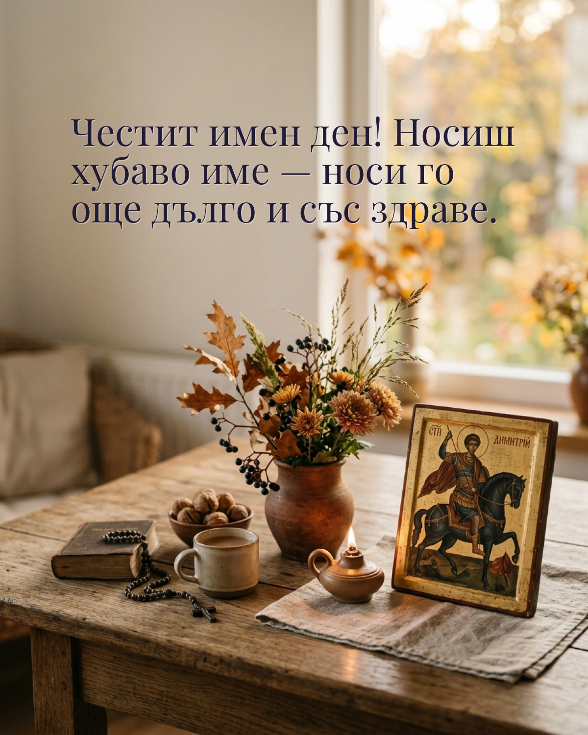 Картичка за Димитровден с пожелание „Честит имен ден! Носиш хубаво име — носи го още дълго и със здраве“