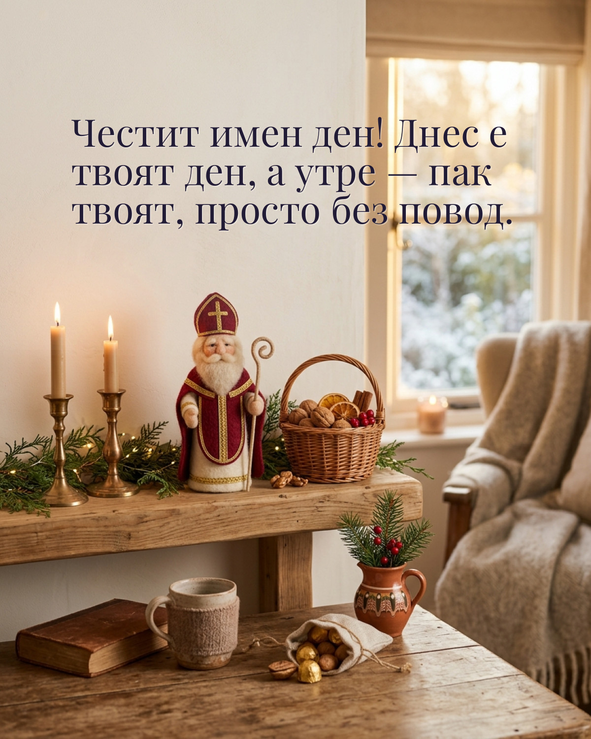 Картичка за Никулден с пожелание „Честит имен ден! Днес е твоят ден, а утре — пак твоят, просто без повод“