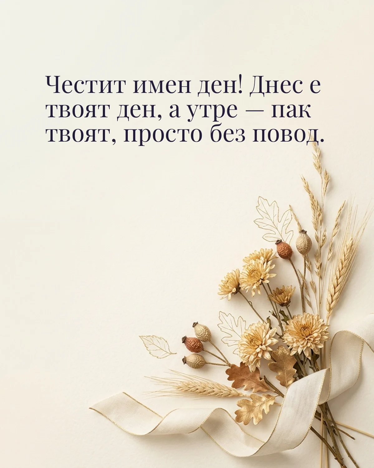 Картичка за Димитровден с пожелание „Честит имен ден! Днес е твоят ден, а утре — пак твоят, просто без повод“