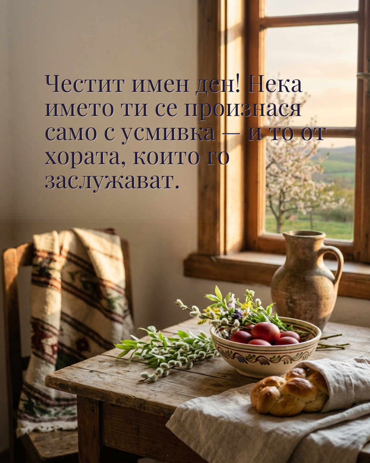 Картичка за Гергьовден с пожелание „Честит имен ден! Нека името ти се произнася само с усмивка — и то от хората, които го заслужават“