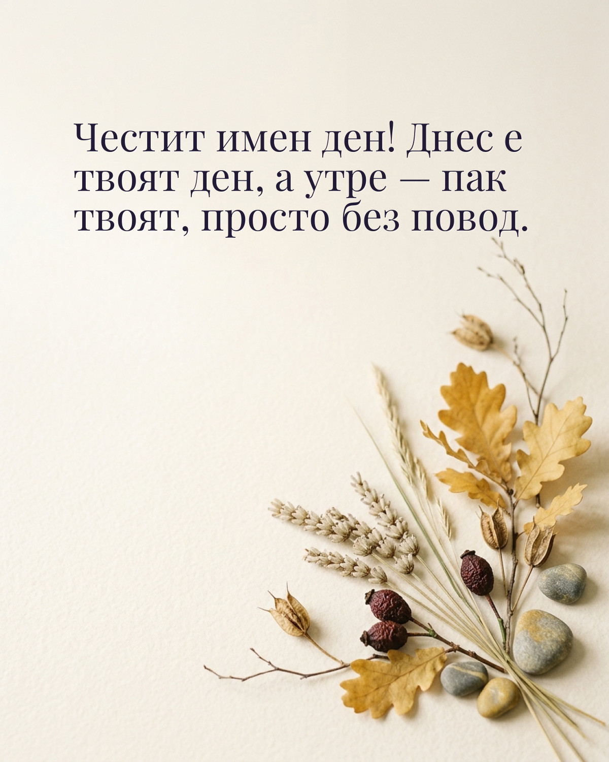 Картичка за Димитровден с пожелание „Честит имен ден! Днес е твоят ден, а утре — пак твоят, просто без повод“