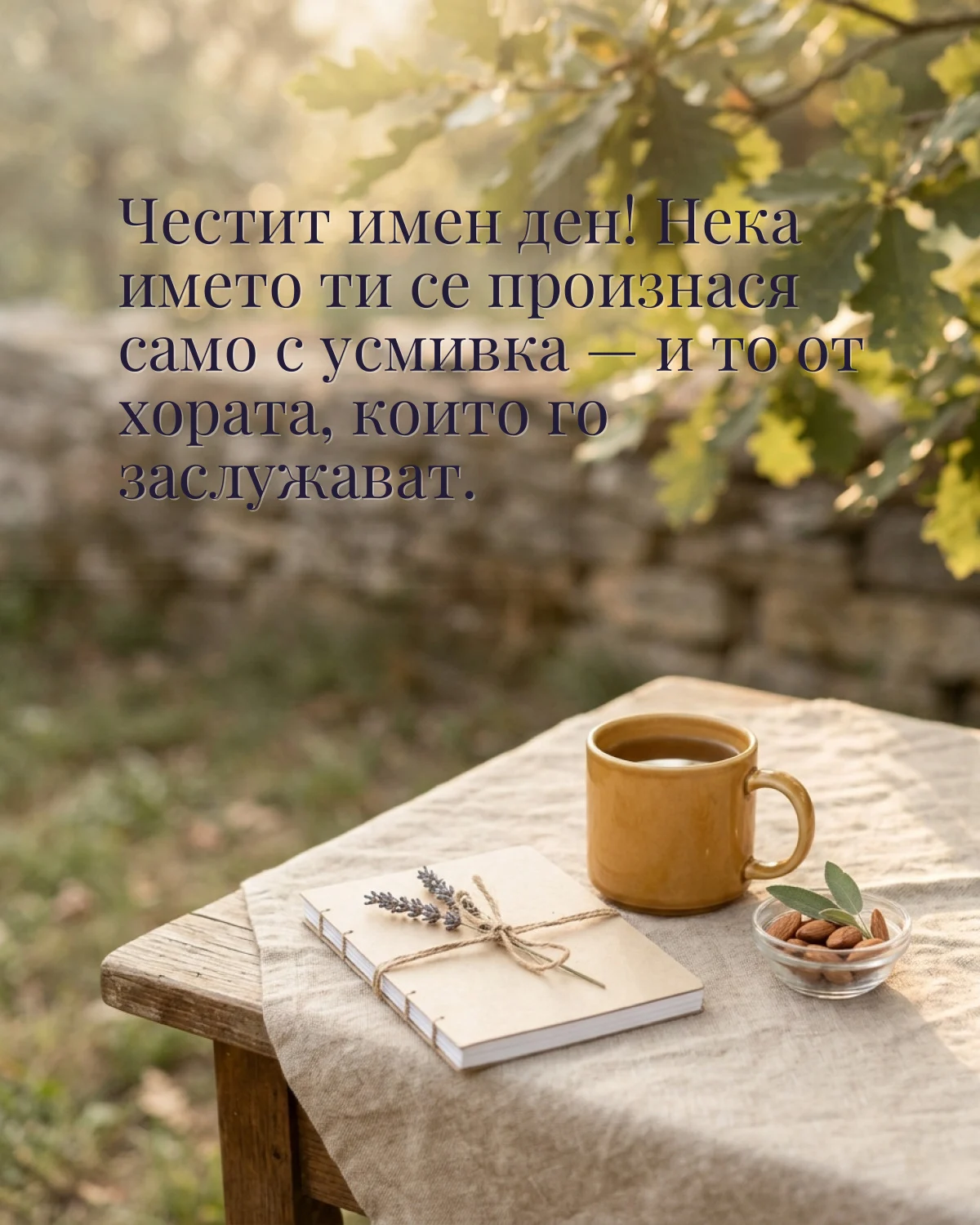 Картичка за имен ден с пожелание „Честит имен ден! Нека името ти се произнася само с усмивка — и то от хората, които го заслужават“