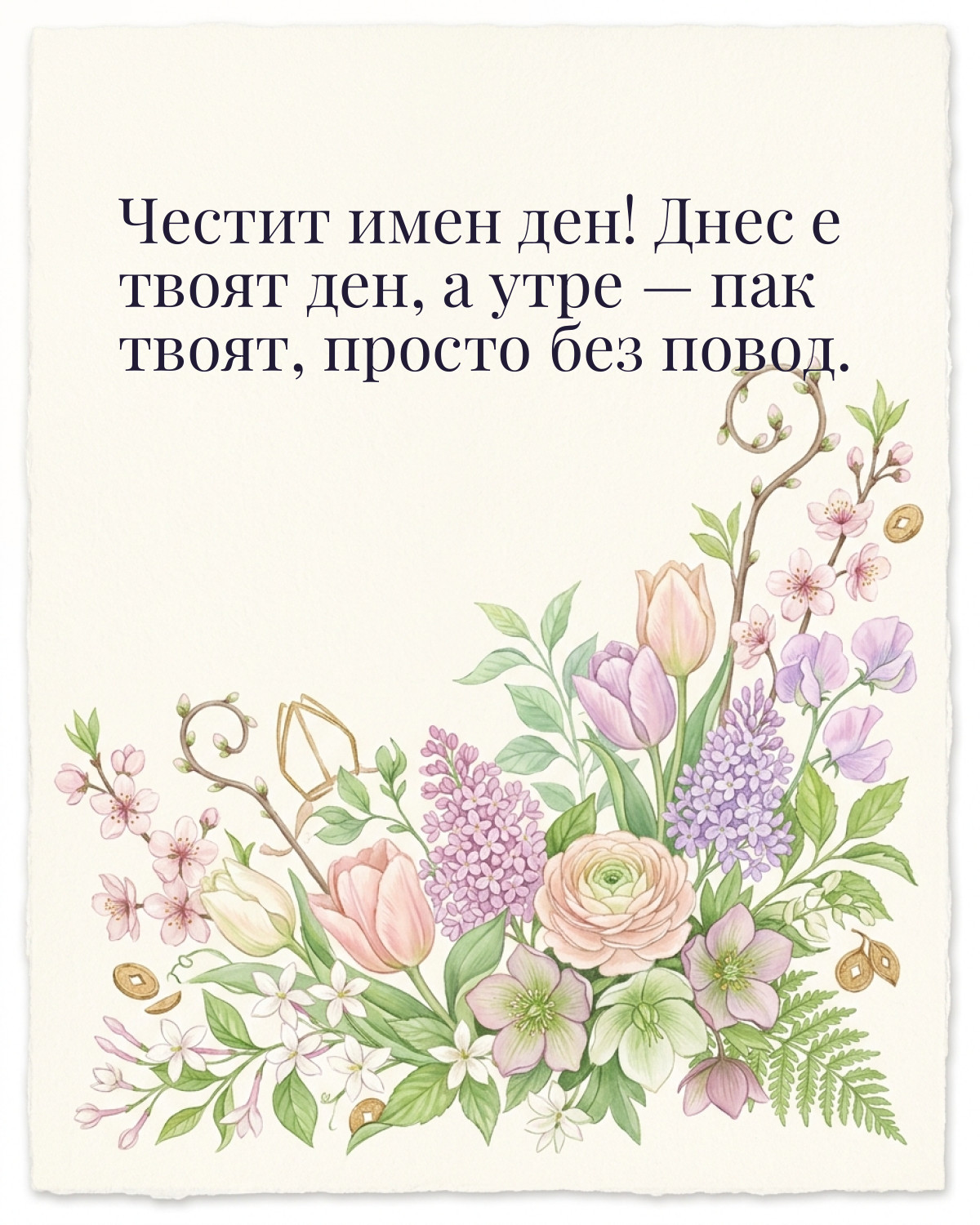 Картичка за Никулден с пожелание „Честит имен ден! Днес е твоят ден, а утре — пак твоят, просто без повод“