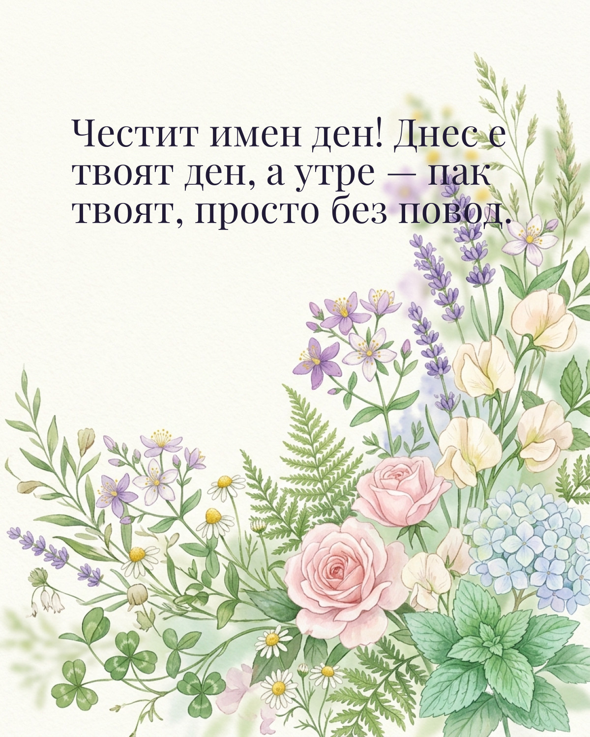 Картичка за Ивановден с пожелание „Честит имен ден! Днес е твоят ден, а утре — пак твоят, просто без повод“