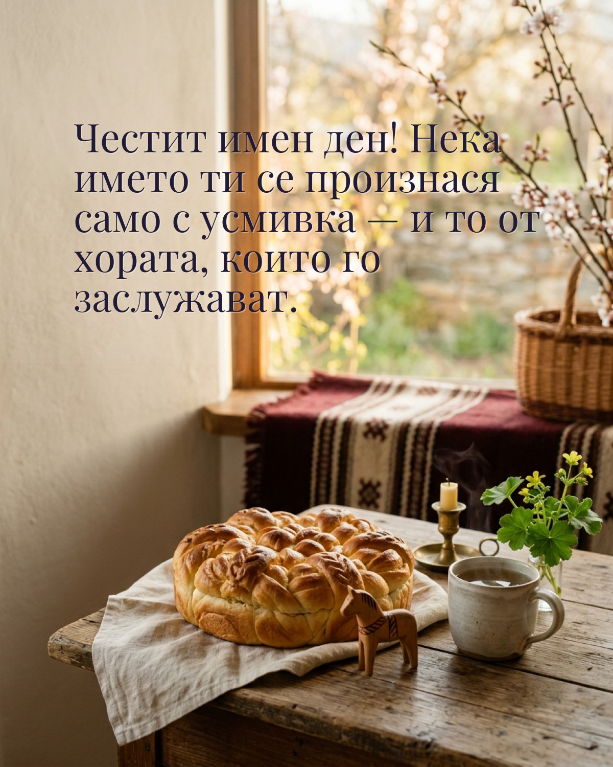 Картичка за Тодоровден с пожелание „Честит имен ден! Нека името ти се произнася само с усмивка — и то от хората, които го заслужават“