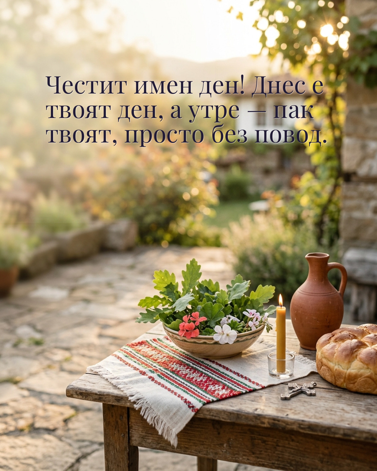 Картичка за Гергьовден с пожелание „Честит имен ден! Днес е твоят ден, а утре — пак твоят, просто без повод“