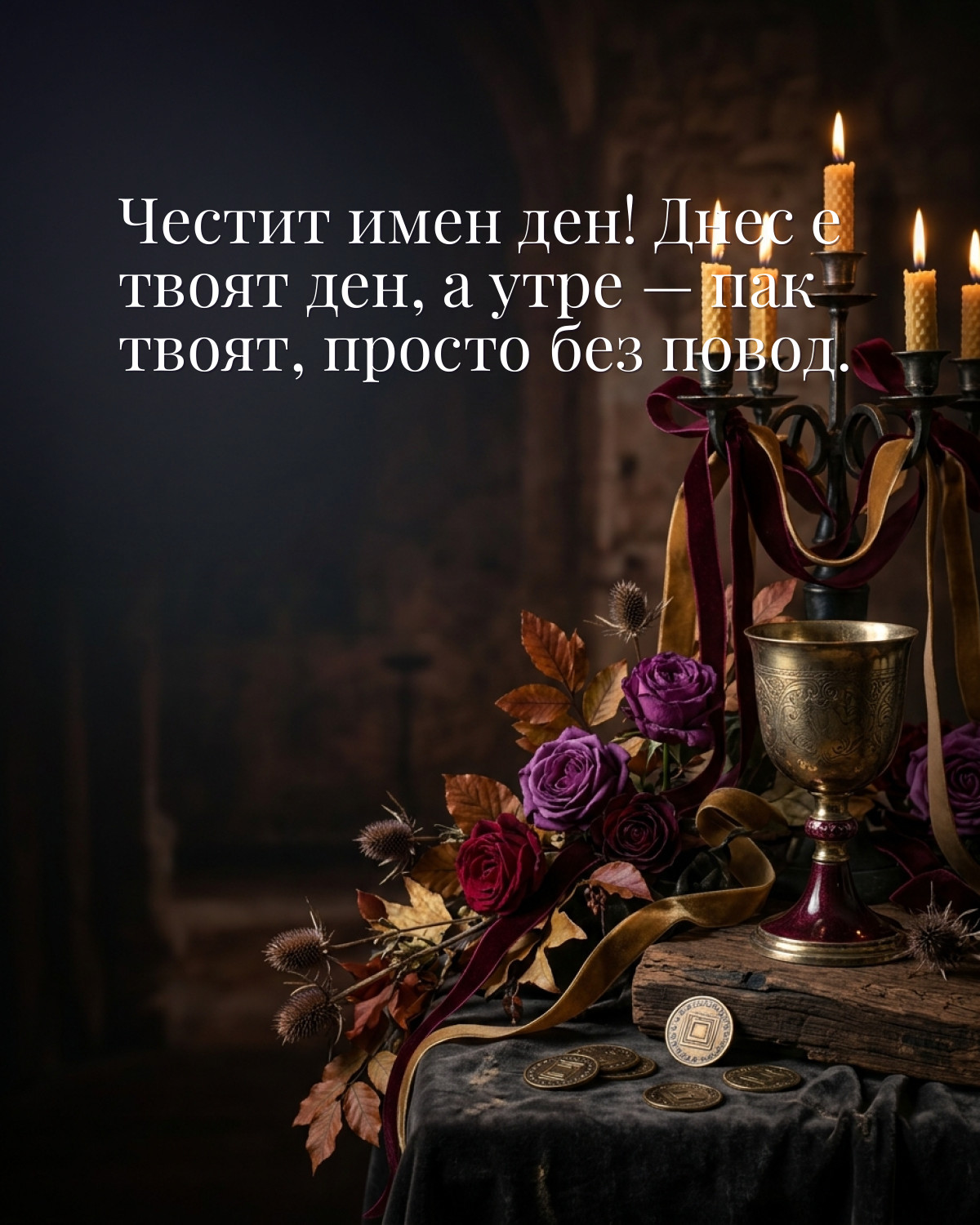 Картичка за Димитровден с пожелание „Честит имен ден! Днес е твоят ден, а утре — пак твоят, просто без повод“