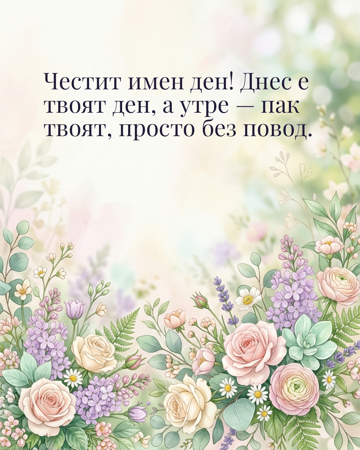 Картичка за Тодоровден с пожелание „Честит имен ден! Днес е твоят ден, а утре — пак твоят, просто без повод“