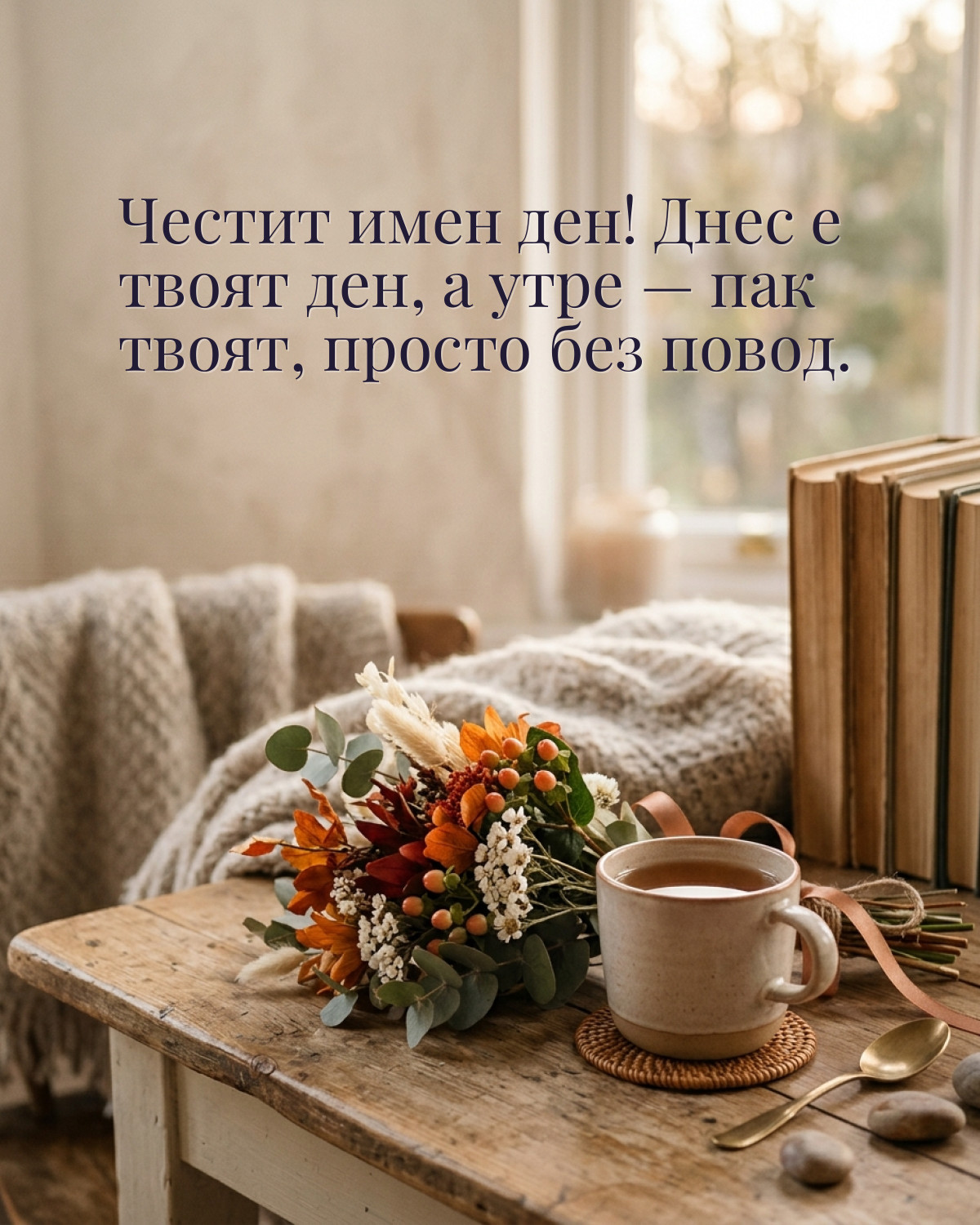 Картичка за имен ден с пожелание „Честит имен ден! Днес е твоят ден, а утре — пак твоят, просто без повод“