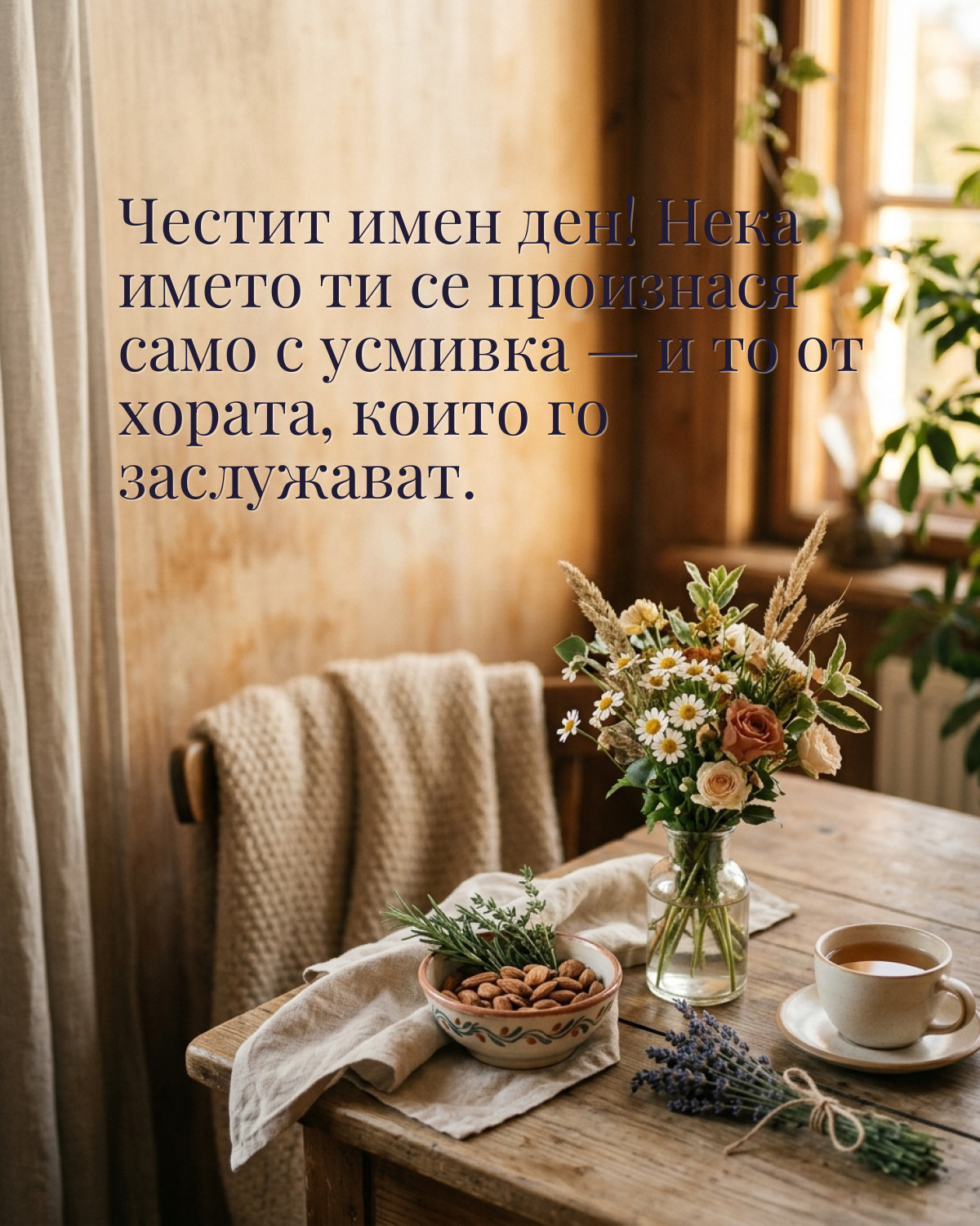 Картичка за имен ден с пожелание „Честит имен ден! Нека името ти се произнася само с усмивка — и то от хората, които го заслужават“