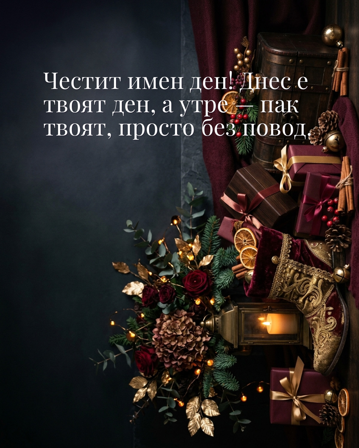 Картичка за Никулден с пожелание „Честит имен ден! Днес е твоят ден, а утре — пак твоят, просто без повод“