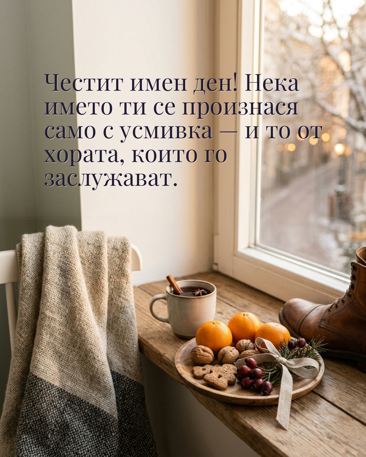Картичка за Никулден с пожелание „Честит имен ден! Нека името ти се произнася само с усмивка — и то от хората, които го заслужават“