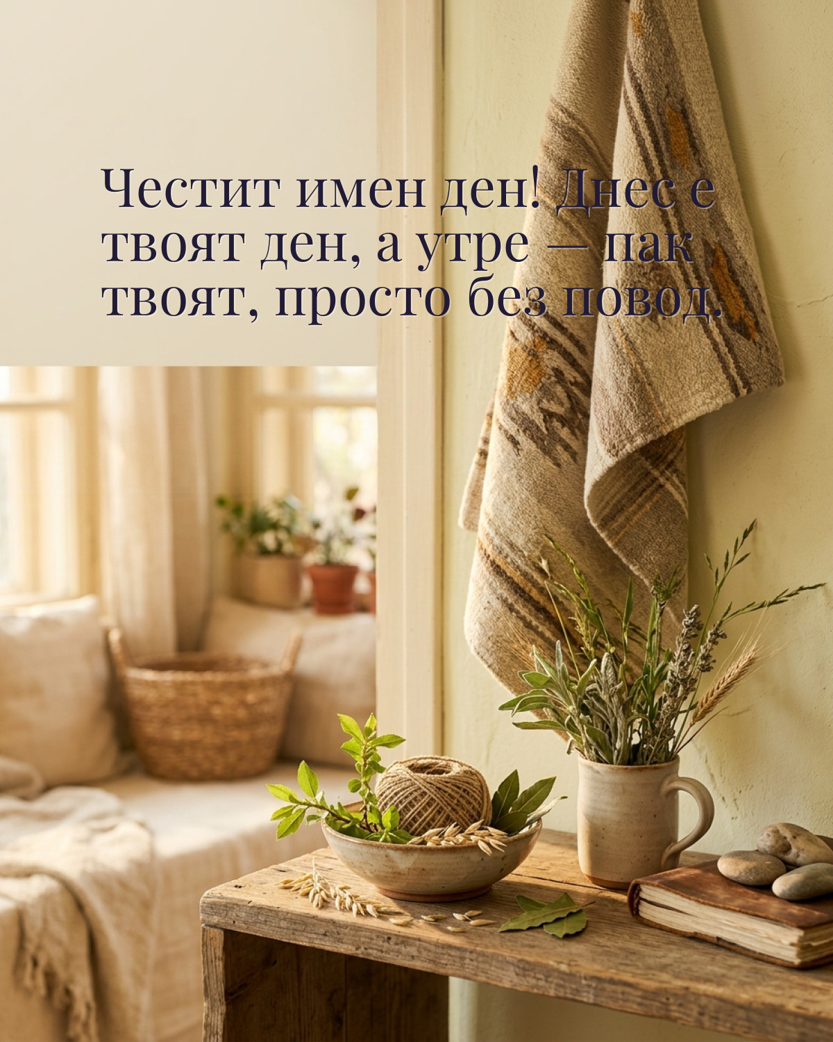 Картичка за Тодоровден с пожелание „Честит имен ден! Днес е твоят ден, а утре — пак твоят, просто без повод“