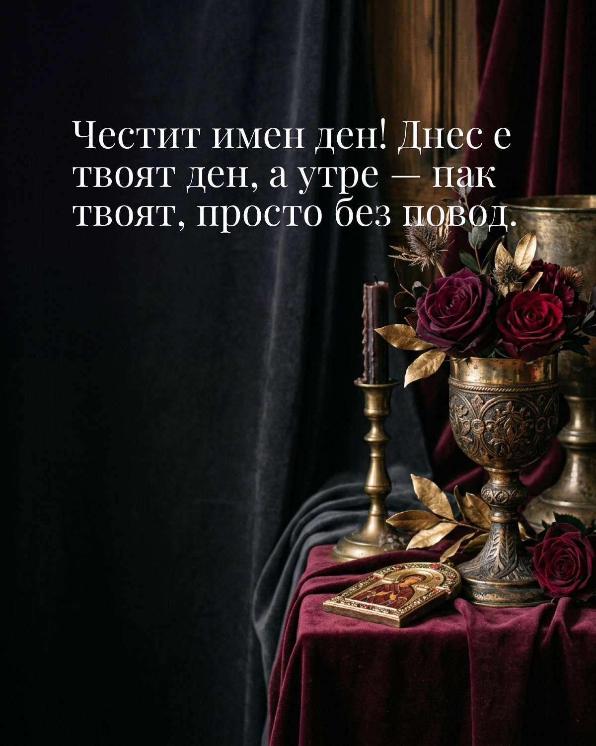 Картичка за Гергьовден с пожелание „Честит имен ден! Днес е твоят ден, а утре — пак твоят, просто без повод“