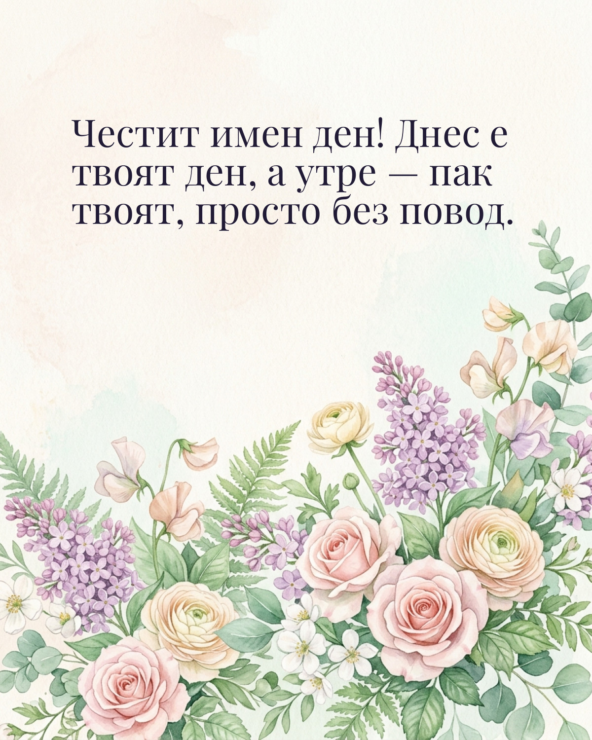 Картичка за Никулден с пожелание „Честит имен ден! Днес е твоят ден, а утре — пак твоят, просто без повод“