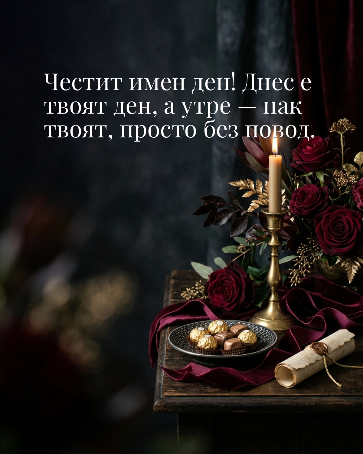 Картичка за Петровден с пожелание „Честит имен ден! Днес е твоят ден, а утре — пак твоят, просто без повод“