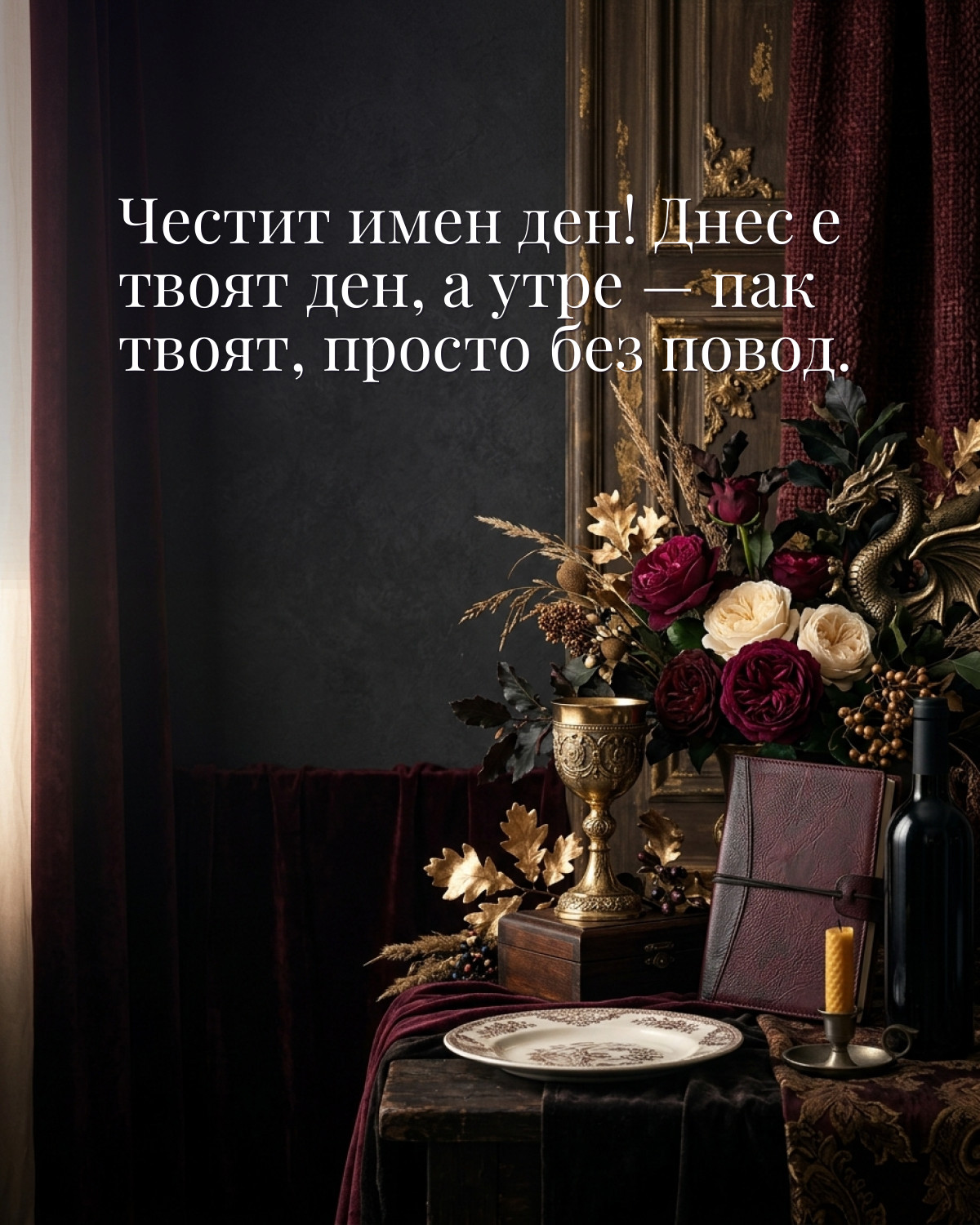 Картичка за Гергьовден с пожелание „Честит имен ден! Днес е твоят ден, а утре — пак твоят, просто без повод“