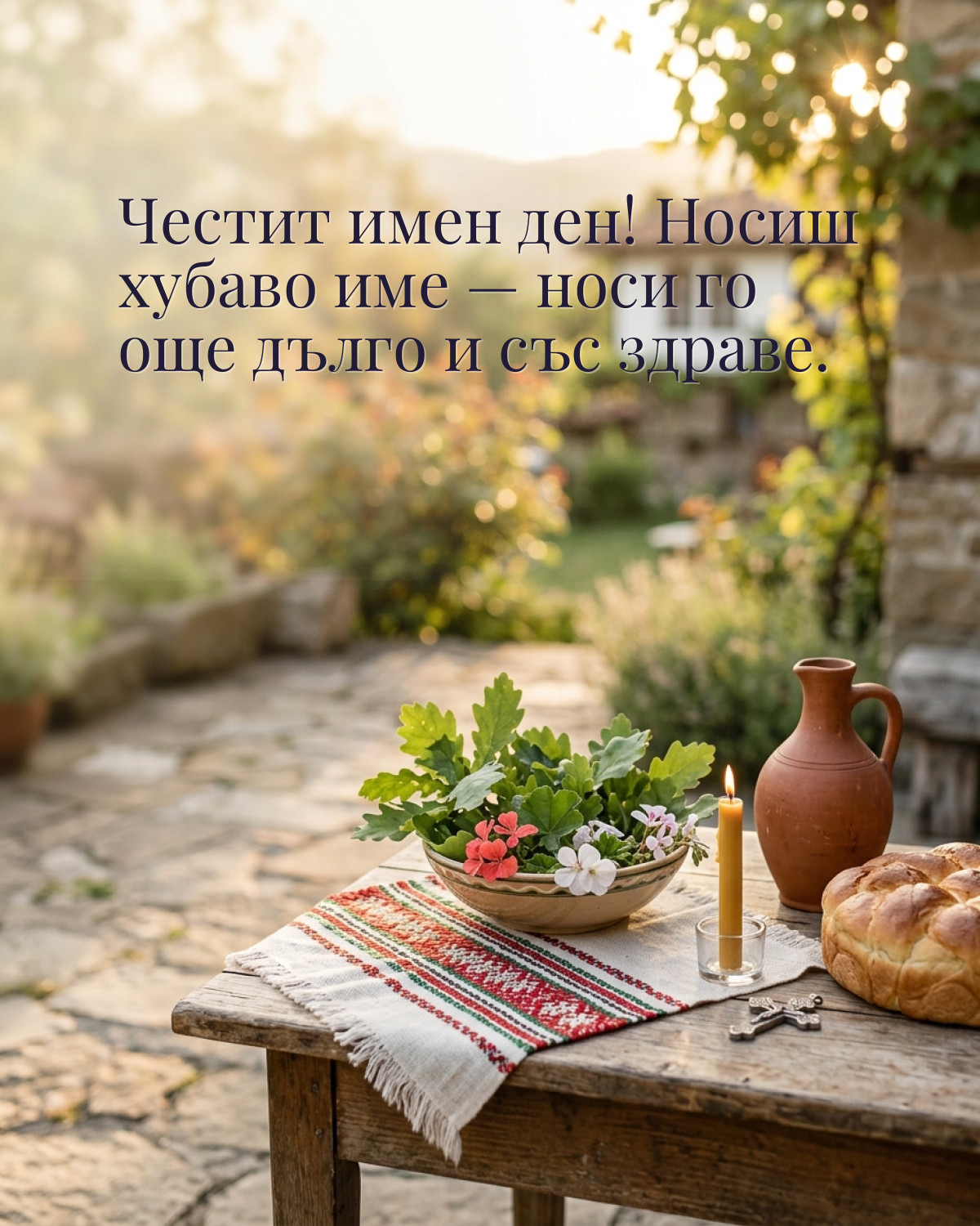Картичка за Гергьовден с пожелание „Честит имен ден! Носиш хубаво име — носи го още дълго и със здраве“