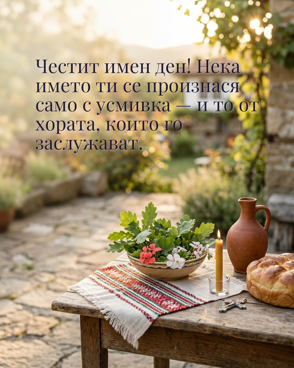 Картичка за Гергьовден с пожелание „Честит имен ден! Нека името ти се произнася само с усмивка — и то от хората, които го заслужават“