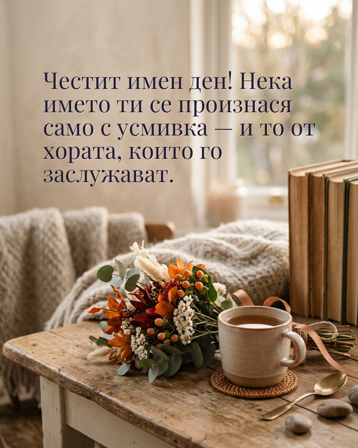 Картичка за имен ден с пожелание „Честит имен ден! Нека името ти се произнася само с усмивка — и то от хората, които го заслужават“