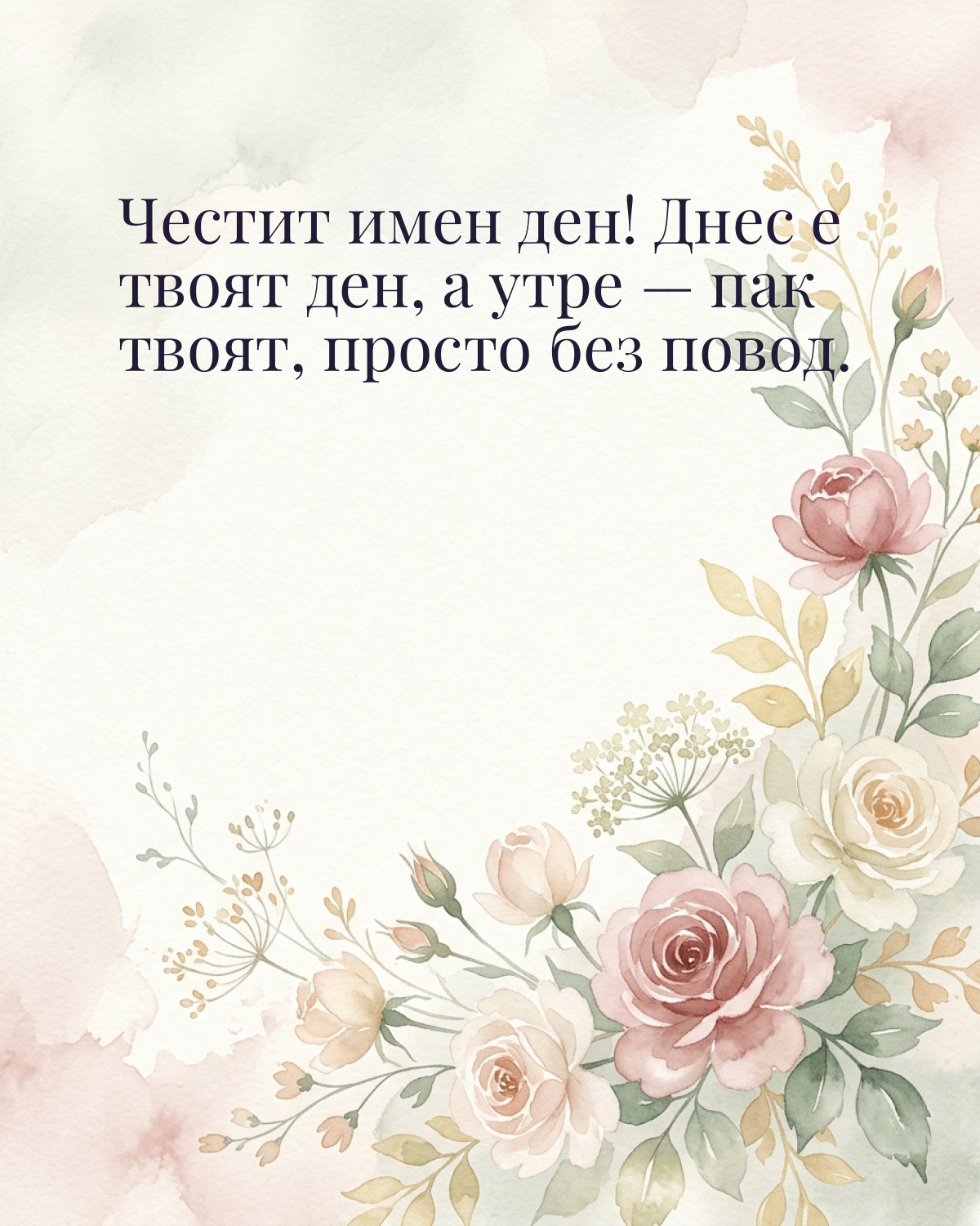 Картичка за Ивановден с пожелание „Честит имен ден! Днес е твоят ден, а утре — пак твоят, просто без повод“