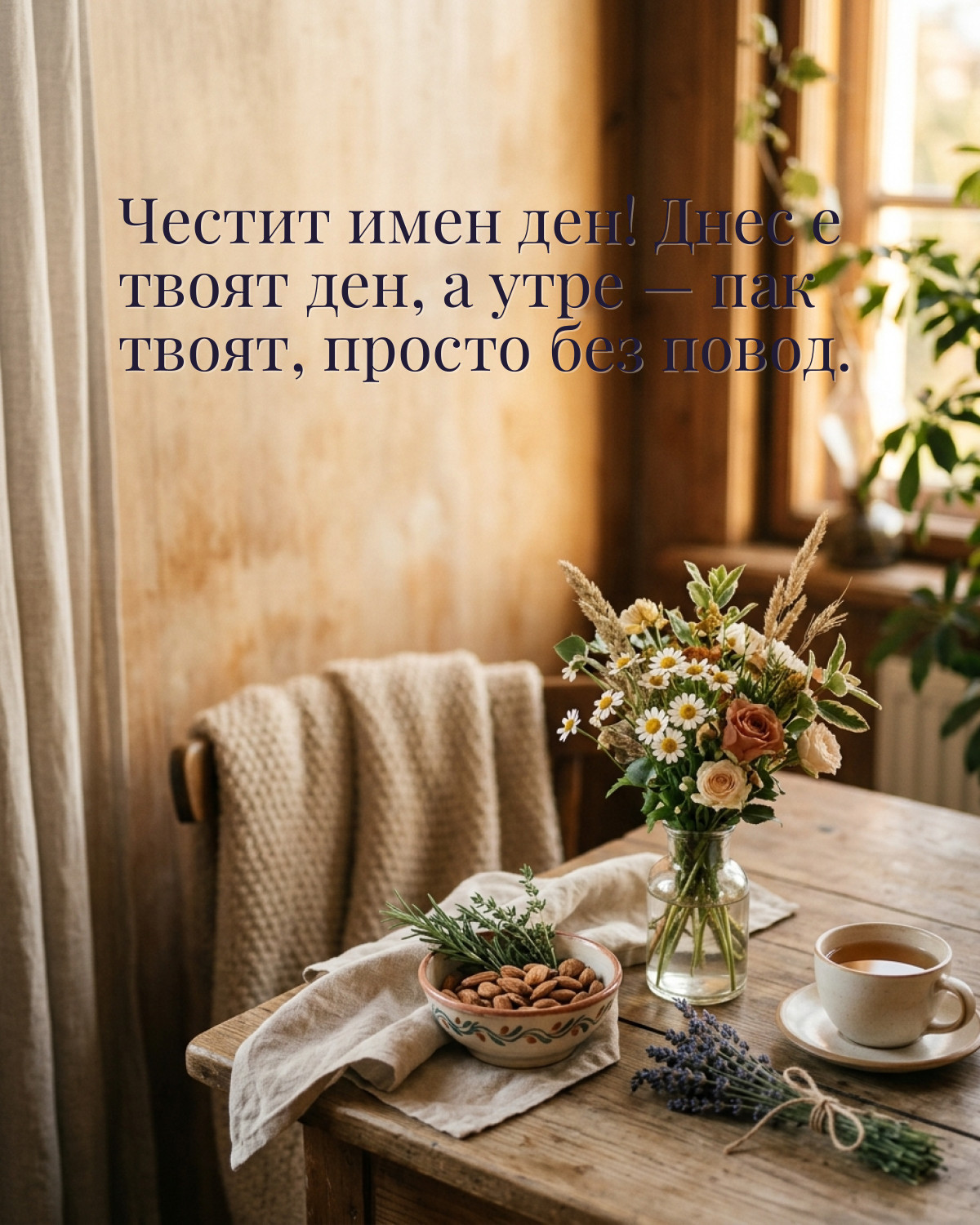 Картичка за имен ден с пожелание „Честит имен ден! Днес е твоят ден, а утре — пак твоят, просто без повод“