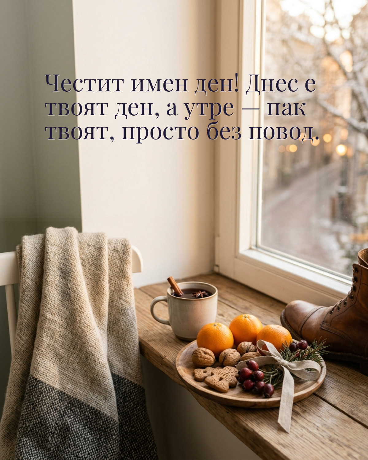 Картичка за Никулден с пожелание „Честит имен ден! Днес е твоят ден, а утре — пак твоят, просто без повод“