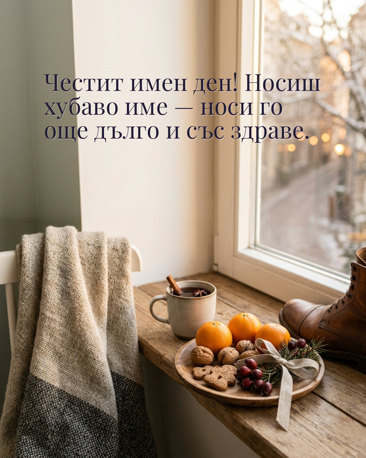 Картичка за Никулден с пожелание „Честит имен ден! Носиш хубаво име — носи го още дълго и със здраве“
