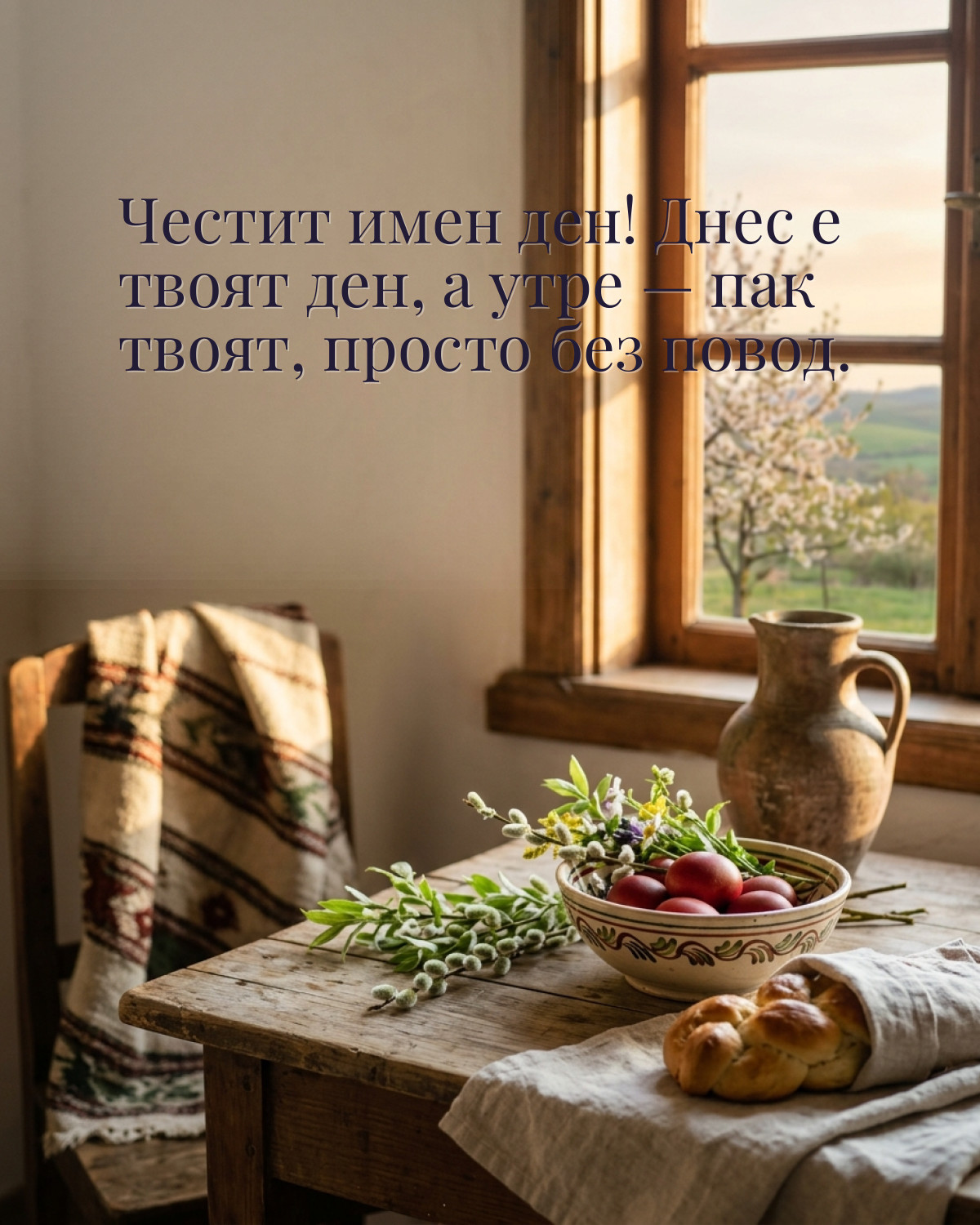 Картичка за Гергьовден с пожелание „Честит имен ден! Днес е твоят ден, а утре — пак твоят, просто без повод“
