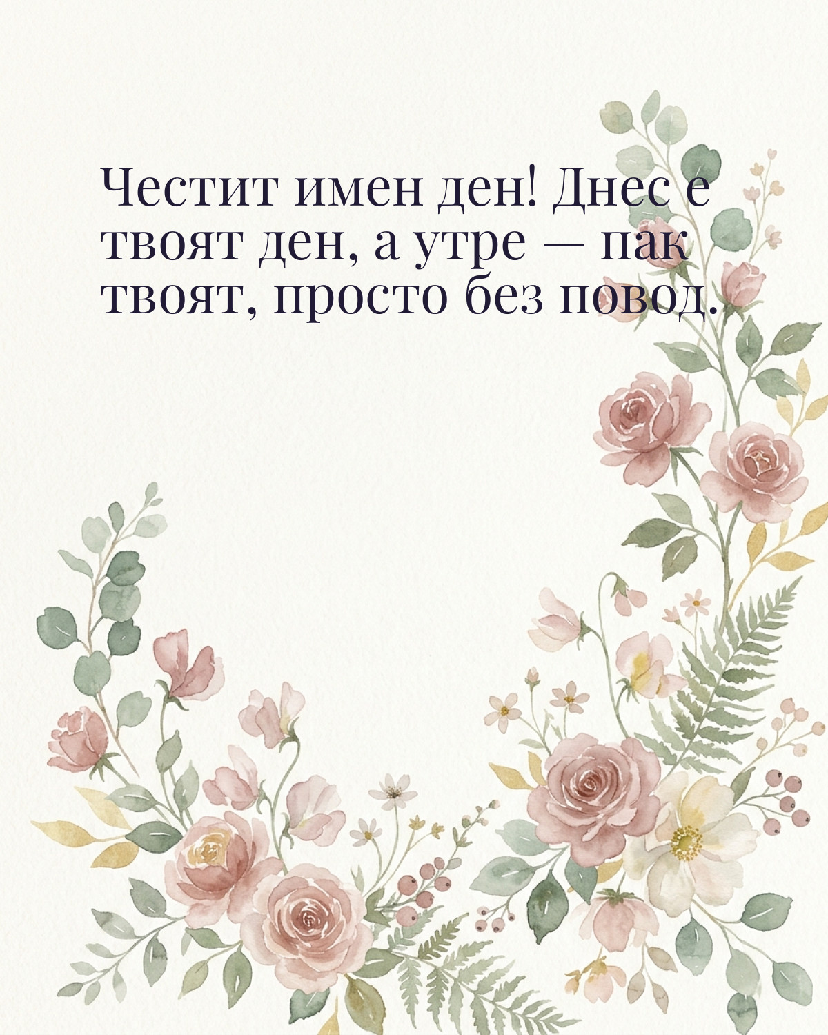 Картичка за Ивановден с пожелание „Честит имен ден! Днес е твоят ден, а утре — пак твоят, просто без повод“